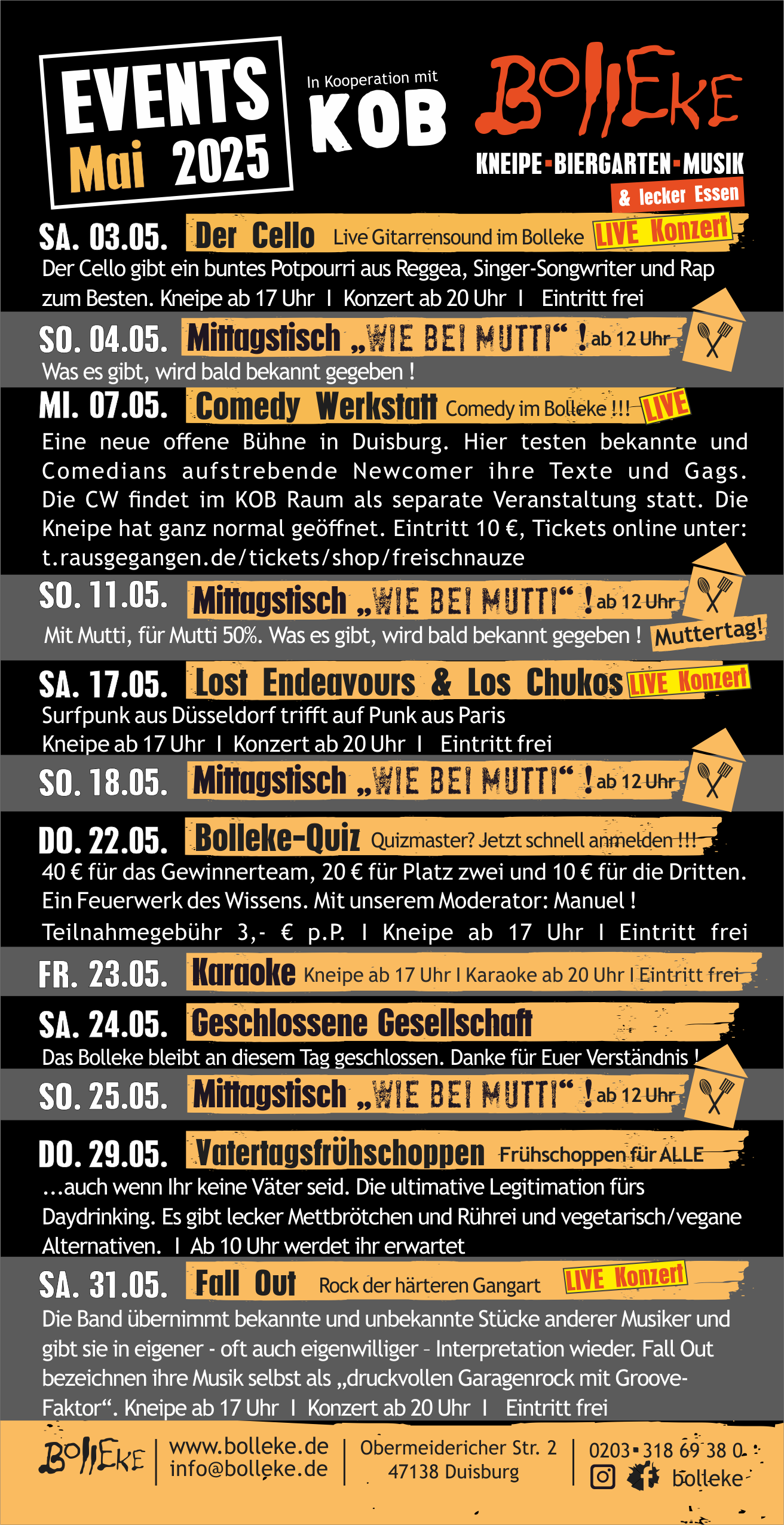 Veranstaltungen, Events im Bolleke im Mai 2025