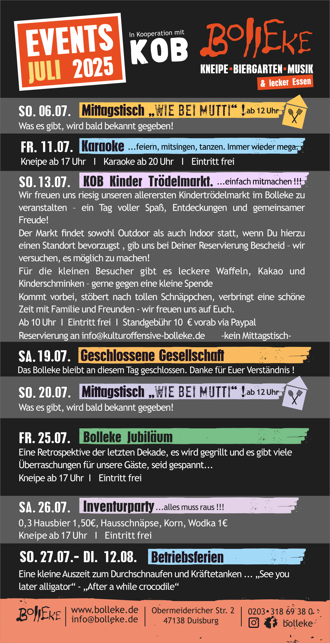 Veranstaltungen, Events im Bolleke im Juli 2025