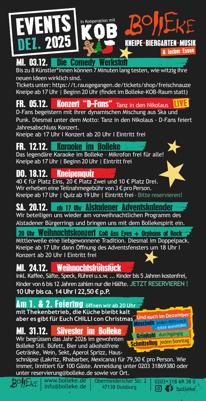 Veranstaltungen, Events im Bolleke im Dezember 2025