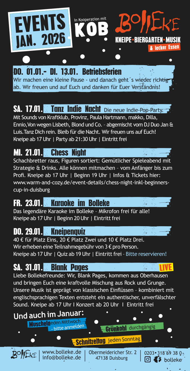 Veranstaltungen, Events im Bolleke im Januar 2026