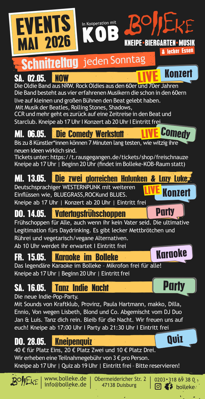 Veranstaltungen, Events im Bolleke im Mai 2026