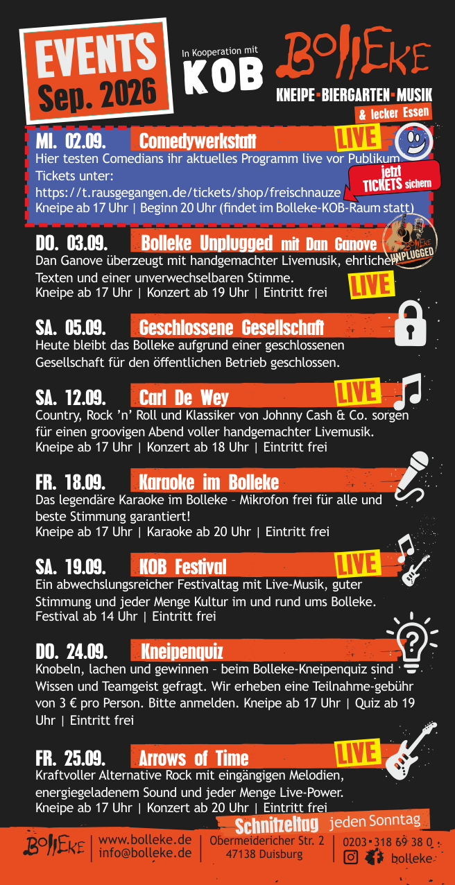 Veranstaltungen, Events im Bolleke im September 2026
