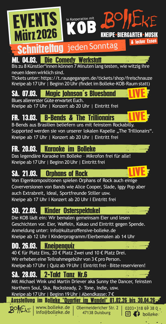 Veranstaltungen, Events im Bolleke im März 2026